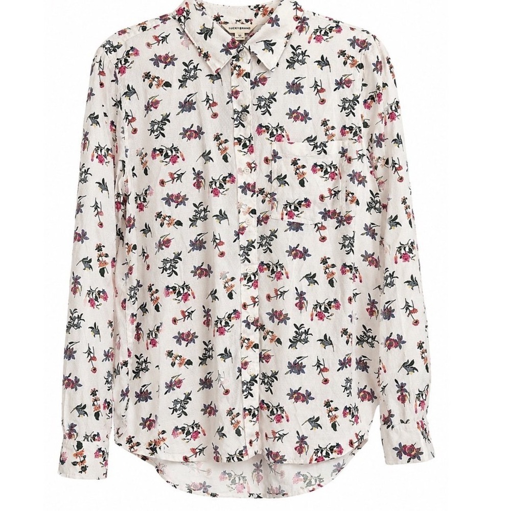 Lucky Brand Floral Button Down Shirt Medium White Boho Cottagecore Blouse